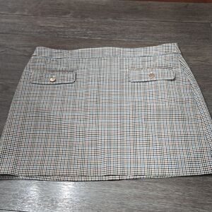 LOFT Tan and Black Checked Mini Skirt with Button Flap Pockets